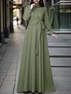 Lasaky - Polyester Color Block Bubble Sleeve Party Maxi Dress with Tie-Up Detail Islamic Clothing Women, Party Maxi Dress, Modest Dresses Casual, Islamic Dress, Indian Gowns Dresses, Muslim Dress, Stylish Party Dresses, Long Sleeve Casual Dress, Solid Color Dress