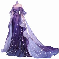 Purple Fantasy Dress Aesthetic, Night Gown Drawing, Regal Dresses, Princess Dress Design, Wedding Outfits Ideas, Purple Fairy Dress, Country Fall Outfits, Oc Dress, Vestidos Anime