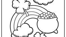 st patrick's day coloring page with shamrocks, pot of gold and rainbow