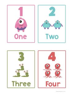 four numbers with cartoon animals on them and the number one, two, three, five