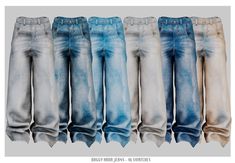 five pairs of jeans are lined up in a row