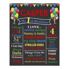 a chalkboard sign that says casper's 1st birthday with balloons and streamers