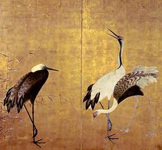 two birds standing next to each other on a wooden floor in front of a wall