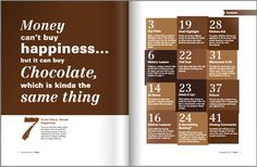 an open book with chocolates and numbers on the pages, which are labeled money can't buy happiness but it can buy chocolate which is kinda the same thing