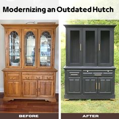 before and after pictures of an outdated hutch