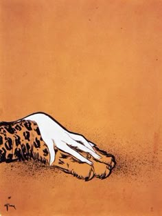 an orange background with a drawing of a leopard laying on it's back in dirt