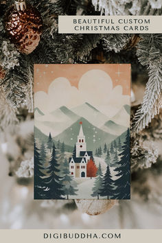 Digibuddha winter valley folk art 2D country rustic mountains landscape scene with a lovely little Christian church, gorgeous folded custom bifold Christmas holiday cards personalized with your customized family name and photo picture and message, perfect for 2023 Christmas cards or 2024 Christmas cards or even 2025 Christmas cards and 2026 Christmas cards.