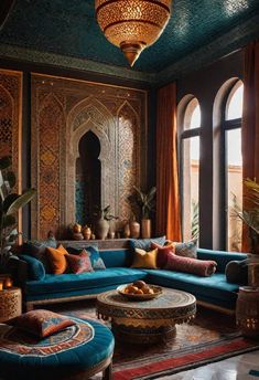 Moroccan House Interior, Moroccan Inspired Living Room, Modern Moroccan Living Room, Moroccan Style Living Room, Modern Moroccan Decor, Islamic Interior, Moroccan Decor Living Room, Blue Sofas Living Room, Turkish Living Room