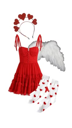 a red dress with white wings and hearts on the headband is next to socks