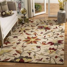 SAFAVIEH Jardin JAR457A Handmade Beige / Multi Rug Image 1 Family Room Rug, Casual Dining Rooms, Dark Gray Area Rug, Floral Area Rugs, Transitional Area Rugs, Green Area Rugs, Hand Tufted Rugs, Wool Area Rug, Floral Rug