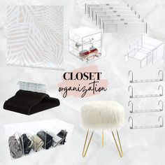 an assortment of closet organization items and accessories