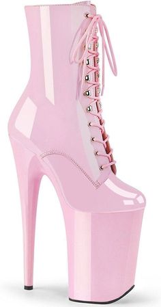 INFINITY-1020 Stripper Boot | Pink Patent-Pleaser Pink Platform Boots, Pink Ankle Boots, Pink Platform, Demonia Shoes, Extreme High Heels, Pink Platforms, Pleaser Shoes, Funky Shoes, Platform Ankle Boots