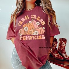 Retro Fall Pumpkin Patch Shirt, Farm Fresh Pumpkins Shirt, Fall Shirts Women, Fall Tees, Thanksgiving Shirt, Pumpkin Tshirt, Autumn Gifts *Our retro pumpkin patch shirt makes the perfect addition to your Fall collection! If you would like an oversized t shirt dress look then please consider ordering at least two sizes up from your normal size. Feel free to reach out if you have any questions. How we make our shirts - The design shown is printed directly onto the shirt using a professional grade Cute Red Fall Tops, Red Short Sleeve T-shirt For Fall, Fall Red Graphic Print Shirt, Red Graphic Tee For Fall, Red Screen Print T-shirt For Fall, Red Graphic Print Shirt For Fall, Cute Fall T-shirt With Screen Print, Trendy Fall Short Sleeve Shirt, Red Cotton T-shirt For Fall