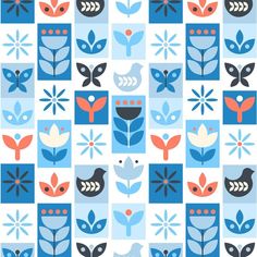 a blue and red pattern with birds, leaves, and flowers on the same background