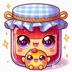 a cartoon character holding a baby doll in a jar with stars around it's neck