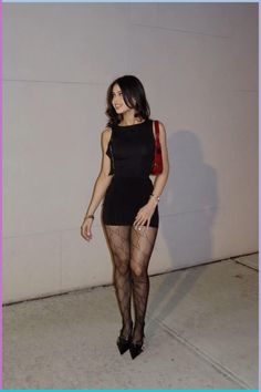 Black Dress Baddie Outfit, Black Dress Black Stockings Outfit, Outfit Ideas With Red Heels, Stockings With Dress Outfit, Dark Feminine Classy Outfits, Outfits With Black Pumps, Lace Stockings With Dress, All Black Baddie Fits, Black Heels With Dress