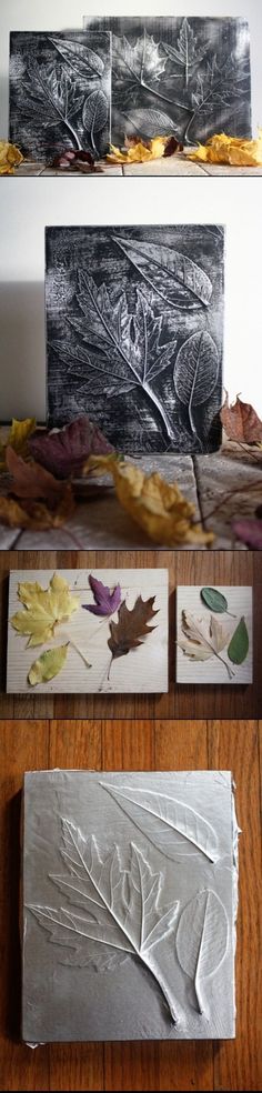 three different types of leaf prints on display in front of some wood planks and other items