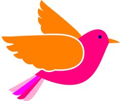 a pink and orange bird flying with its wings spread out to the side, on a white background