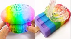 two pictures one with a rainbow cupcake and the other has a brush in it