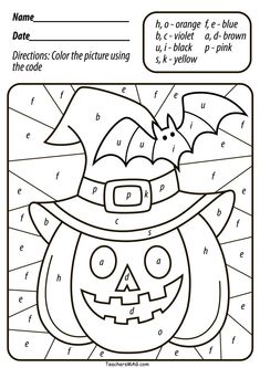 halloween coloring pages with pumpkins and bats for kids to color by numbers on the page