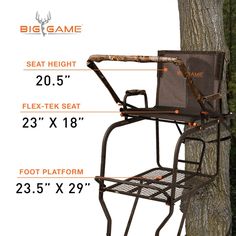 the big game hunting chair is shown with measurements for it's seat and back