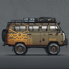 the vehicle is painted brown and has yellow designs on it