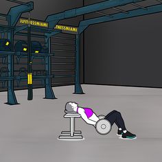 a person laying on top of a bench in front of a gym equipment rack and shelves