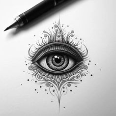 an eye tattoo design on paper with a pen next to it and a drawing in the background