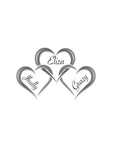 three hearts with name written on them in the shape of two hearts, one is silver and