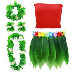 PRICES MAY VARY. Complete 6-piece Hawaiian costume set includes headband, necklace, bracelets, tube top and hula skirt Stretchy tube top and hula skirt with leaf trim fit most women; necklace, headband and bracelets are adjustable Polyester and plastic costume pieces designed for comfort, movement and durability Perfect for luaus, Hawaiian parties, summer beach vacations, festivals and photo shoots Vibrant green, red and white colors and floral accents capture the spirit of the islands  Features Summer Luau Party, Disney Couple Costumes, Hawaiian Costume, Campfire Party, Luau Outfits, Hawaiian Woman, Hawaiian Leaf