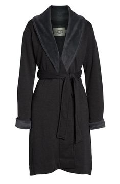 Plush contrast at the wide collar, cuffs and pockets further softens a sumptuous jersey robe that makes mornings much more appealing. 40" to 43" length (size Medium) Ties at waist Shawl collar Long sleeves Side-seam pockets Lined 94% cotton, 6% spandex with 100% polyester fleece Machine wash, tumble dry Imported Fitted Robe For Loungewear In Fall, Fitted Fall Loungewear Robe, Fitted Fall Robe For Loungewear, Black Winter Loungewear Robe, Winter Black Robe For Loungewear, Black Long Sleeve Robe For Loungewear, Fitted Long Sleeve Lounging Robe, Vegan Tips, Ugg Outlet