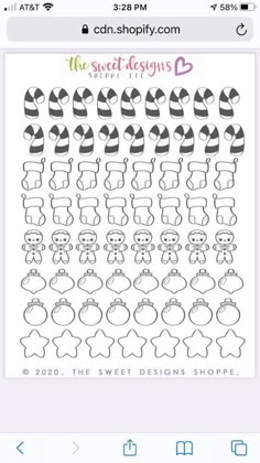 the sweet shoppy stickers are shown in black and white, with candy canes on