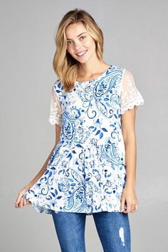 Ivory Blue Paisley Lace Sleeve Babydoll Top #tops #lacesleeve #topshop #boutique #womenclothing #sale #babydolltop Lace Sleeve Top, Babydoll Style, Comfortable Style, Blue Paisley, Babydoll Top, Knitting Materials, Lace Sleeves, Comfortable Fashion, Hip Length