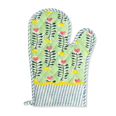 a oven mitt with flowers and leaves on the front, sitting on a white background