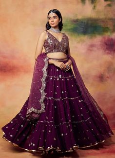 Deep Purple Embroidered Georgette Lehenga – Lashkaraa Designer Sleeveless Lehenga For Eid, Sleeveless Embellished Lehenga For Eid, Designer Lehenga For Eid, Sleeveless, Eid Embellished Sleeveless Lehenga, Sleeveless Anarkali Choli With Sequins, Sleeveless Georgette Lehenga For Eid, Sleeveless Sequined Lehenga For Diwali, Sleeveless Party Wear Lehenga With Zari Work, Bollywood Style Sleeveless Sequined Lehenga