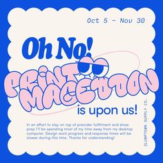 a blue and white poster with the words on no chance is upon us in pink lettering