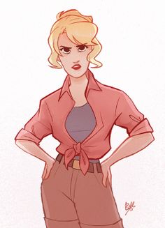 a drawing of a woman with blonde hair wearing brown pants and a pink shirt standing in front of a white background