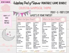 a pink and white printable party game bundle with an image of the moon on it