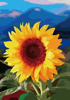 a painting of a sunflower with mountains in the background