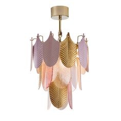 a chandelier with multicolored feathers hanging from it's brass frame