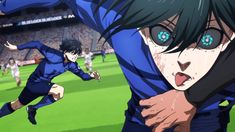 two anime characters on a soccer field, one holding the other's head and looking at the camera