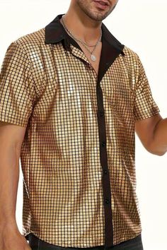 Men's Casual Sequin Lapel Short Sleeve Shirt, Chic Mature Button Up Shirt Lingerie For Men, Trendy Prints, Men's Casual, Button Up Shirt, Short Sleeve Shirt, Sleeve Shirt, Button Up Shirts, Sequin, Shirt Blouses