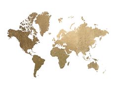 a map of the world with gold foil on it's white background, showing countries