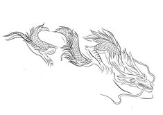 a black and white drawing of two dragon