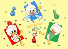 two cartoon characters are celebrating their birthday with balloons and streamers in the shape of hearts