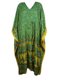 Boho Maxi Kaftan, Green ,Yellow Floral Palm Caftan L-2X The Bohemian Summer Caftan, handmade from recycled silk saris is ideal for vacations or resort days. This relaxed kimono-style maxi dress is a combination of casual luxury and eco-conscious fashion. Featuring an adjustable drawstring waist and crafted from recycled materials, these boho dresses are great housedresses or versatile beach cover-ups. With the surge in popularity of boho weddings set against natural backdrops, the comfortable ka