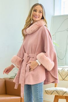 Pink Faux Fur Coat With Hood, Belt Kimono, Fuzzy Texture, Plaid Poncho, Pink Faux Fur, Pink Solid, Cape Coat, Mauve Pink, Judy Blue Jeans