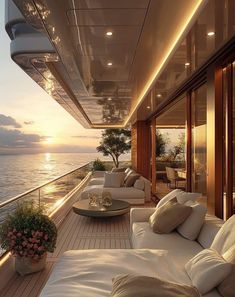 the sun is setting over the water on this boat deck with couches and tables