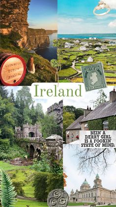 there are many different pictures in this collage with the words ireland on it and an image of a castle