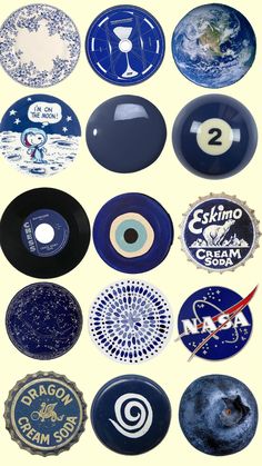 several different types of blue and white plates